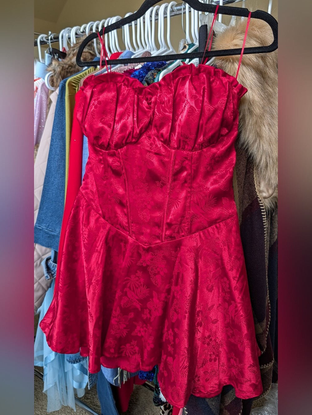 Source Unknown Red Satin Floral Bustier Fit-and-Flare Dress